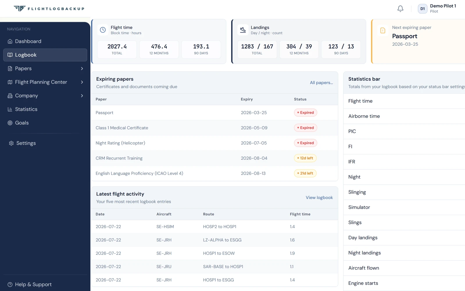 Pilot dashboard with flight time overview and recent activity