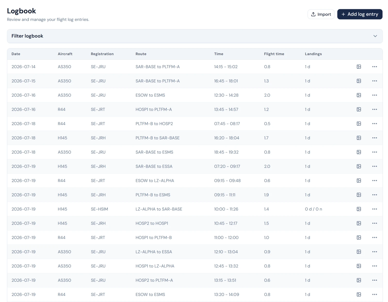 Pilot digital logbook with flight entries and calculated totals